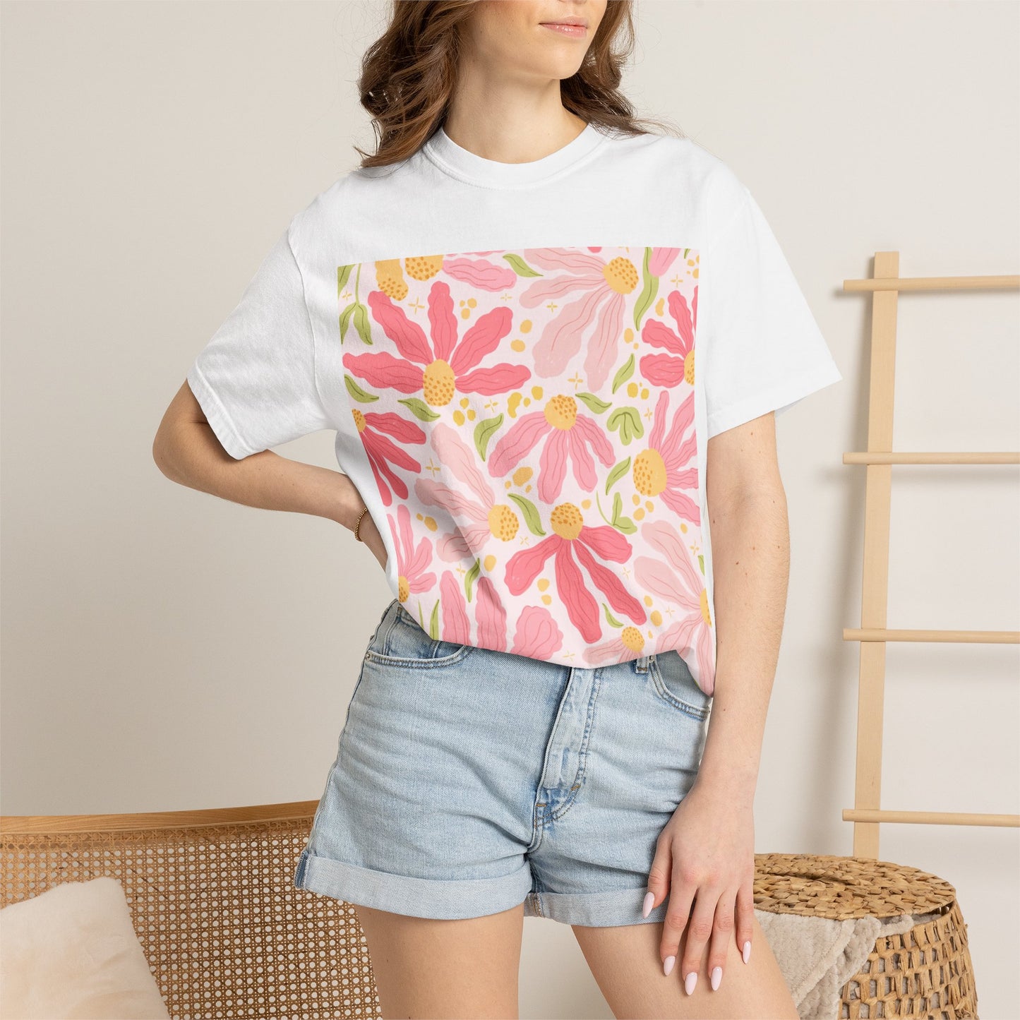 Floral Daisies T-Shirt — Pink Watercolor Garden Tee